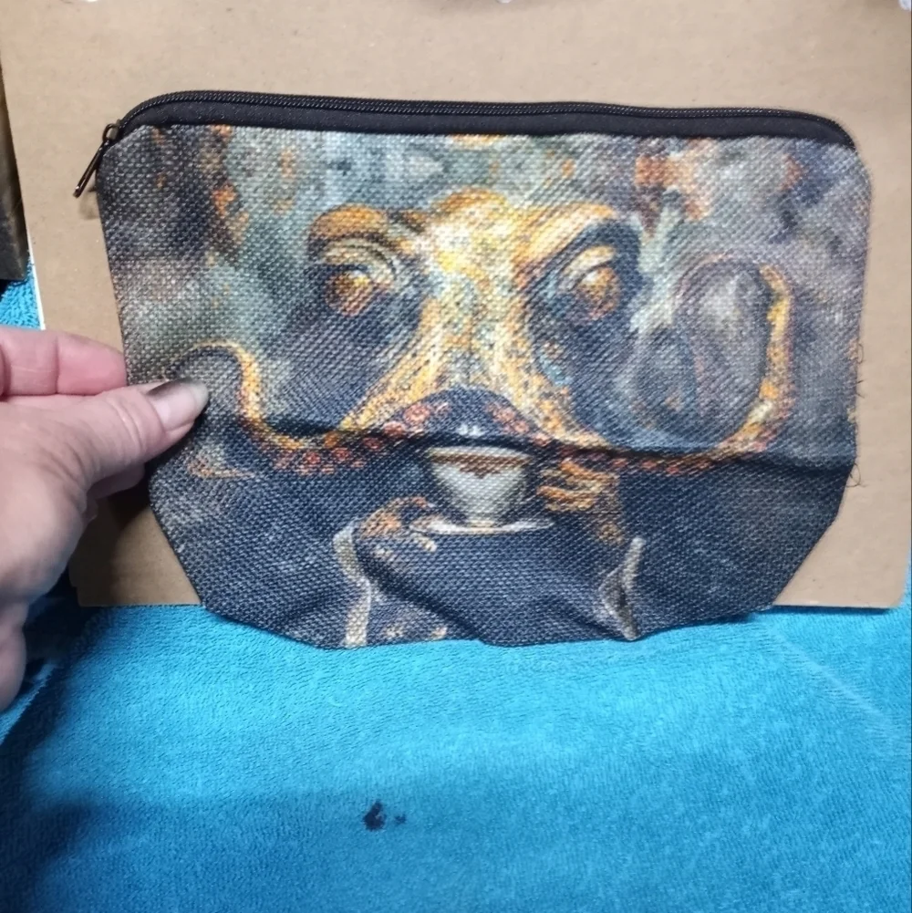 Octopus Print With Coffee Makeup Pouch